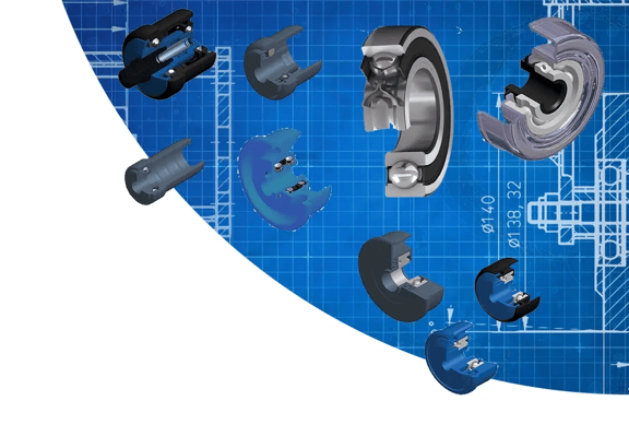 Querschnitte durch Tragrollenlager aus Kunststoff und rostfreiem Stahl, Tragrollenlager mit Rillenkugellager und Einfach-Labyrinthabdeckung, Tragrollenlager mit Stahlblech-Lagerbögen, verzinkt, technischer Hintergrund